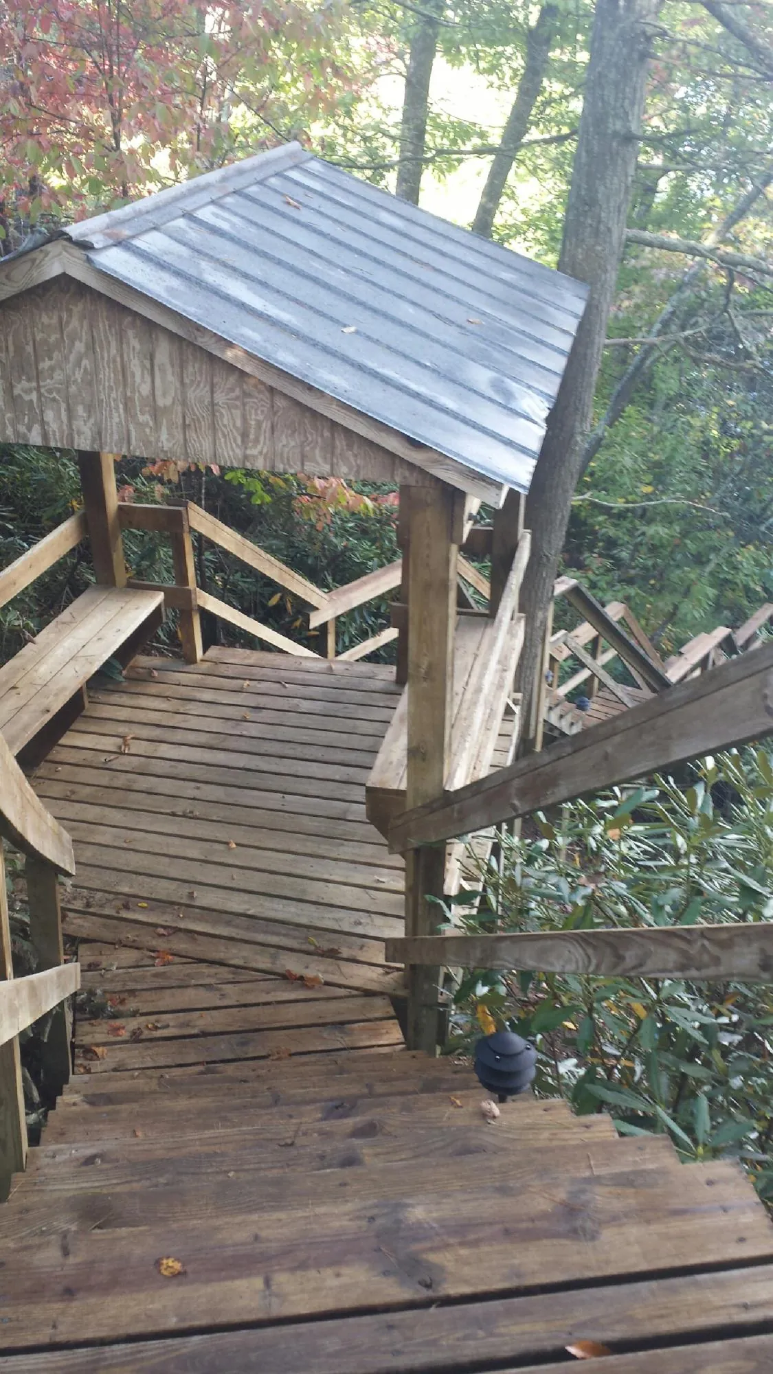 Metal roofed shelter over wooden steps on a wooded walkway — Skylight Repair & Installation work by our crew in Higden